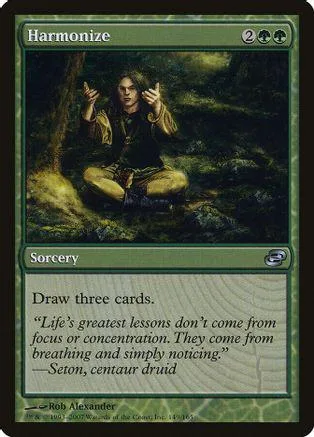 Magic: The Gathering card, Harmonize, featuring a druid in a dark forest.