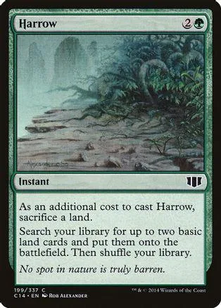 Green landscape art on a Magic: The Gathering card titled "Harrow.