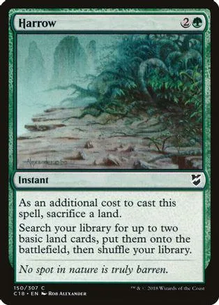 Green landscape art on a Magic: The Gathering card named Harrow.