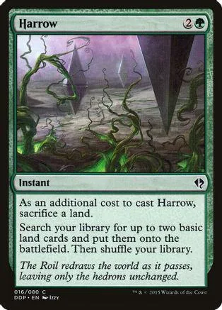 Green and purple Magic: The Gathering card, Harrow, showing swirling green vines.
