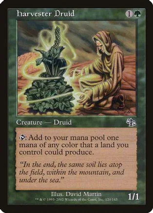 Druid creature card art: hooded figure near glowing plant on dark, earthy background.