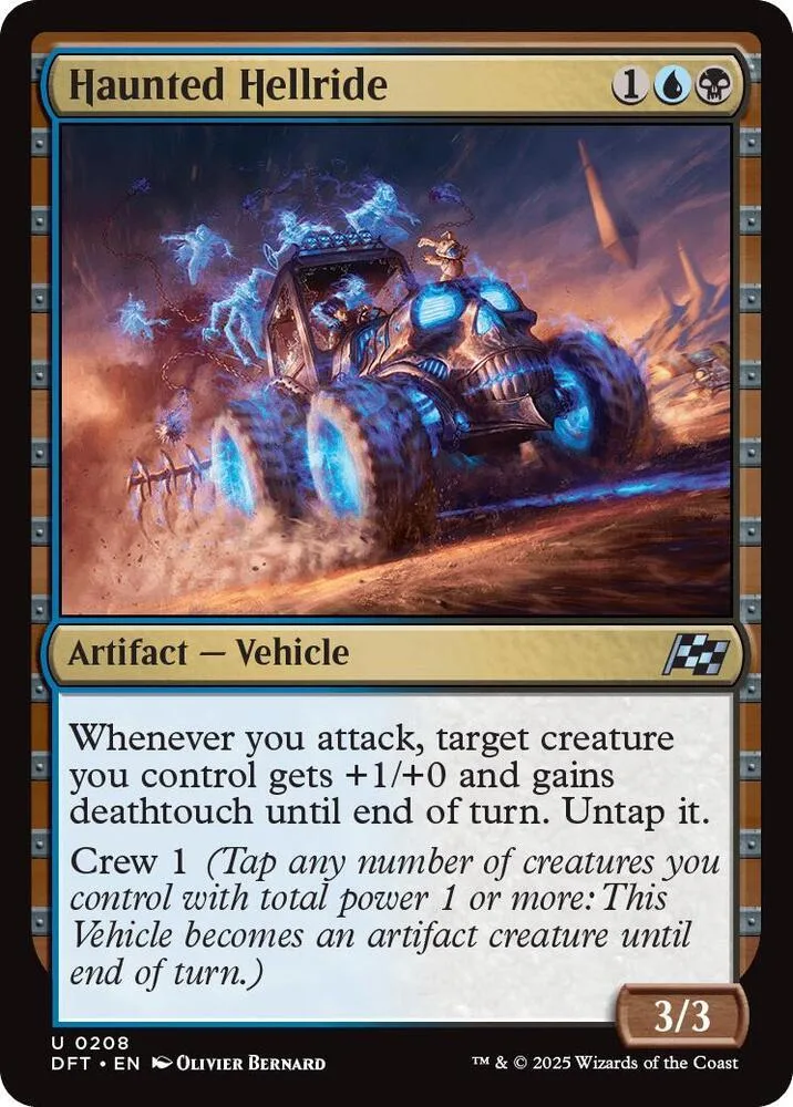 Dark vehicle with blue glowing wheels on a battlefield. Magic: The Gathering card.