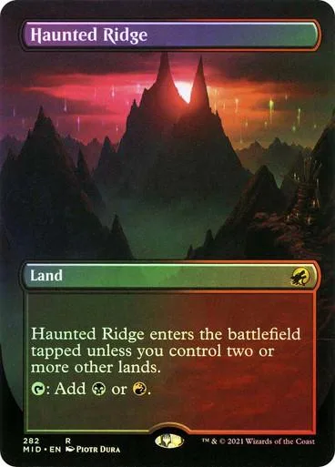 Dark, mountainous landscape with fiery sunset on a Magic: The Gathering card.