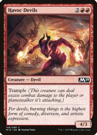 Red and purple devil creature card with fiery background art.