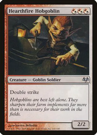 Goblin soldier card art, dark tones, holding a sharp implement.