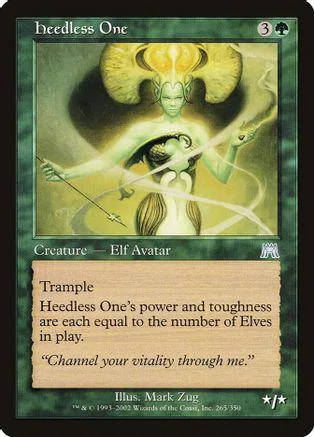 Elf avatar with golden hair, wielding a staff, on a green and gold card.