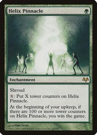 Green fantasy scene with figures around a glowing central light on a card.
