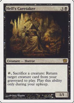 Dark fantasy creature card, Hell's Caretaker, showing a shadowy figure.