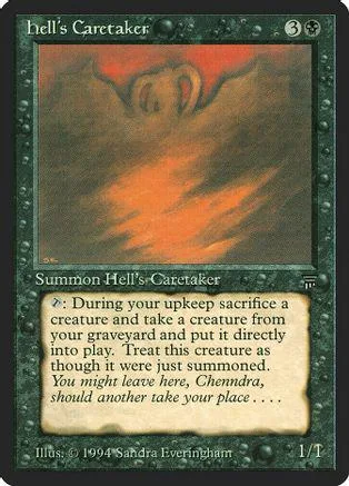 Dark, fiery art card featuring a horned face. Black frame, white text.