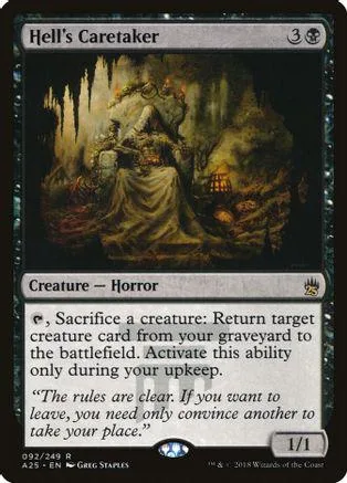 Dark fantasy creature card, "Hell's Caretaker," with a shadowy, imposing figure.