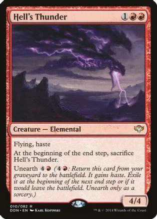 Dark storm scene on a Magic: The Gathering card titled "Hell's Thunder.