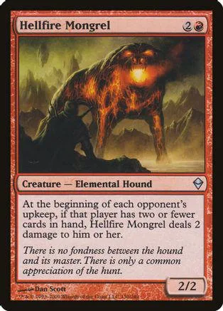 Fiery wolf creature card, orange and black, showing elemental hound.