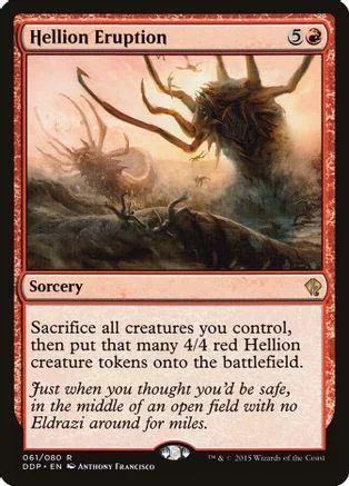 Red and black Magic: The Gathering card, Hellion Eruption, fantasy creature art.