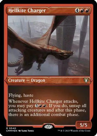 Brown dragon flying over dark, misty ruins on a Magic: The Gathering card.