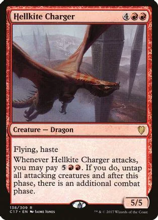 Red dragon flying over dark landscape on Magic: The Gathering card.