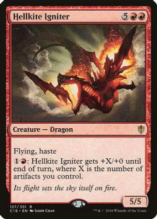 Red and black dragon creature card, Hellkite Igniter, with fiery art.
