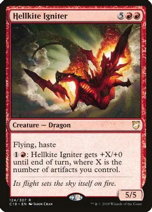 Red dragon creature card art, Helkite Igniter, on a standard Magic: The Gathering card.