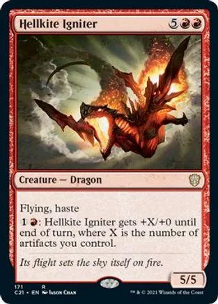 Red and black dragon creature card with fiery wings and dark background.