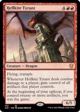 Dark dragon creature card art, black and red tones, showing a fierce winged beast.