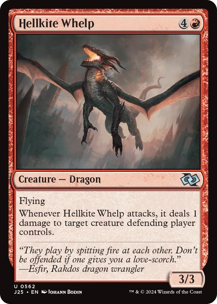 Dark dragon creature card, Hellkite Whelp, flying, on a red border.
