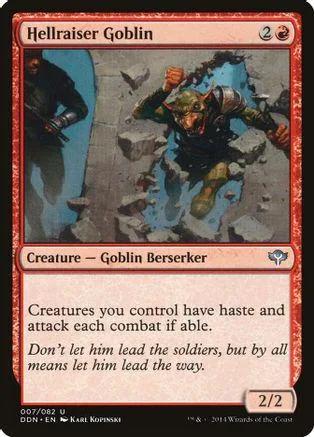 Goblin berserker creature card, dark green and brown, showing goblin attacking rubble.
