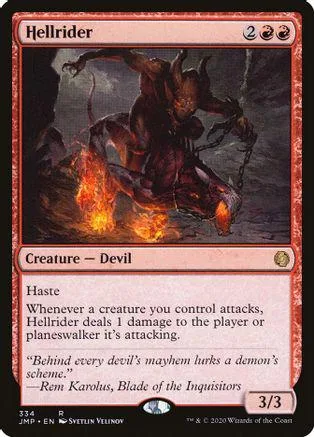 Dark, demonic figure on horseback amidst fire on a black and red card.