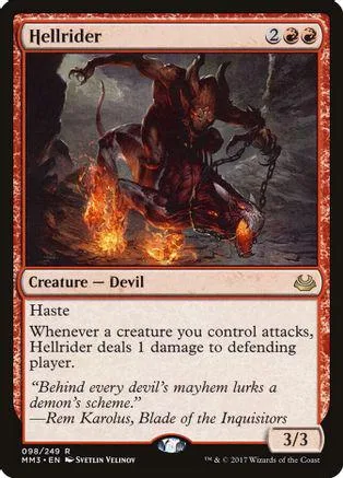 Dark demon figure on fire, black and red card art, creature type.