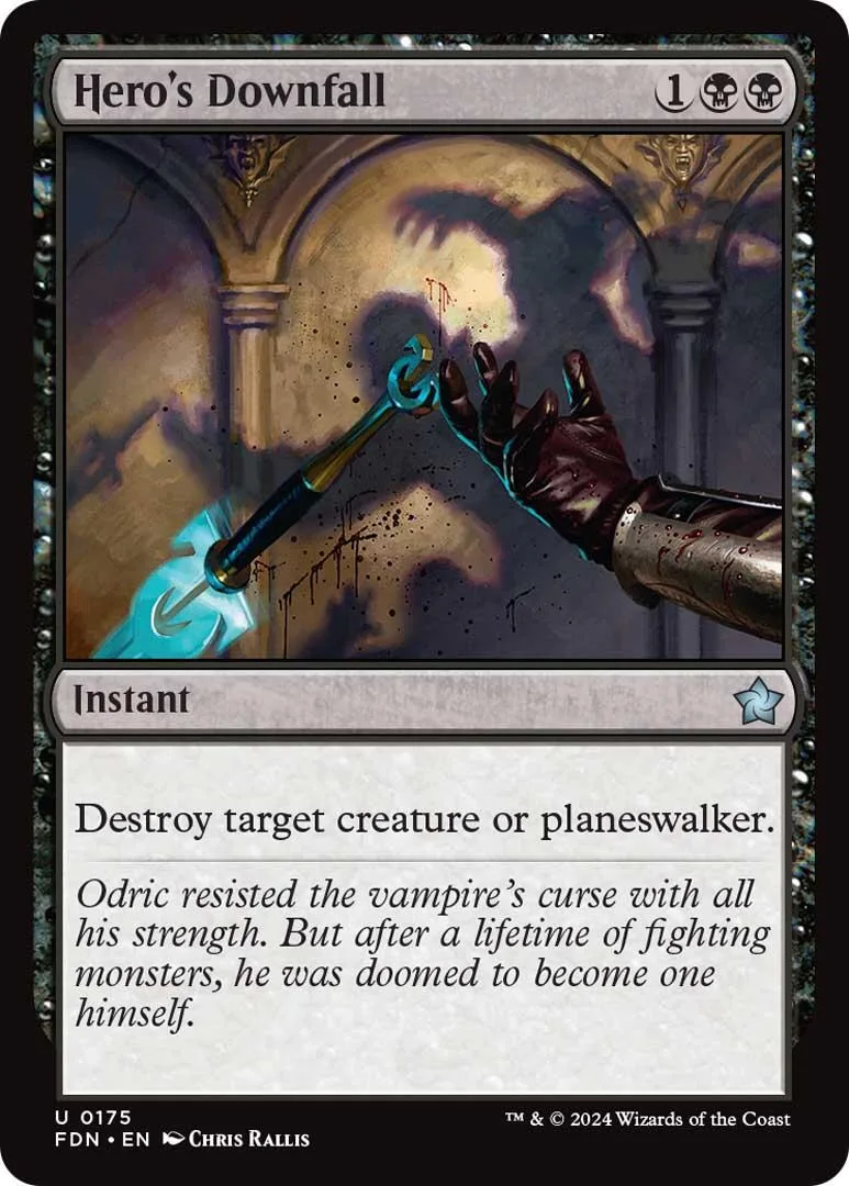 Blue and black Magic: The Gathering card, Hero's Downfall, showing a hand and a glowing blue object.