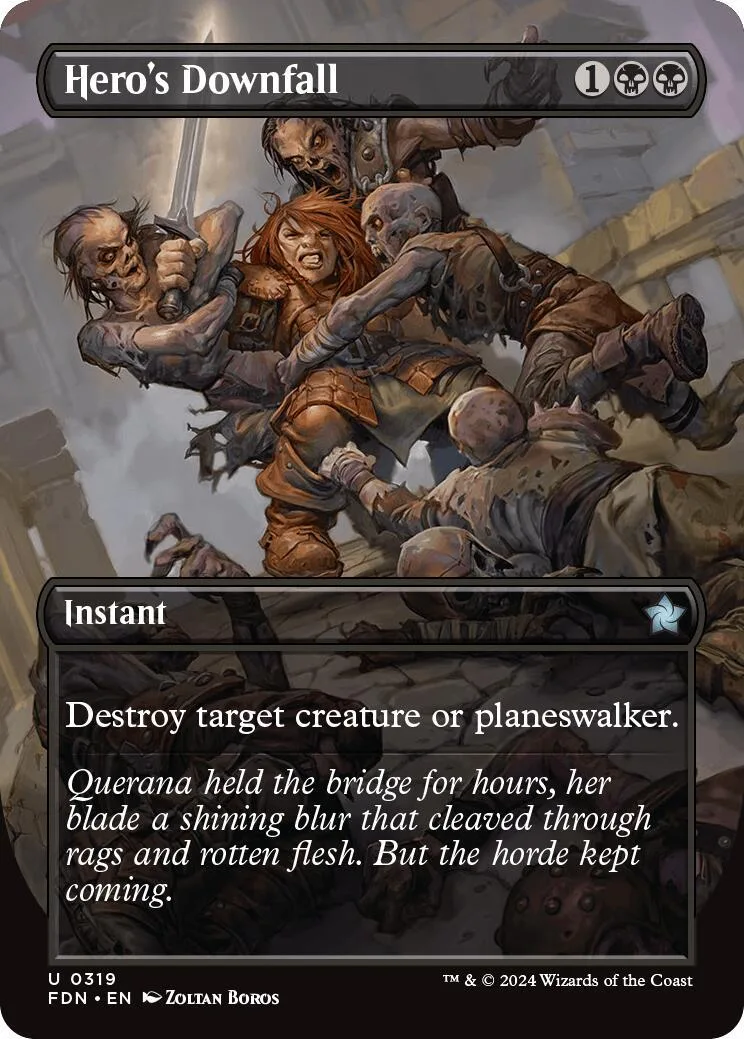 Magic: The Gathering card, Hero's Downfall, dark fantasy art, black and brown tones.