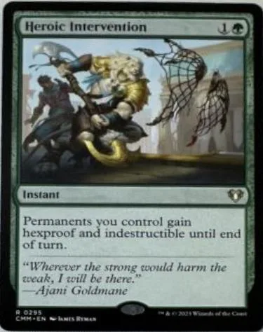 Magic: The Gathering card, Heroic Intervention, featuring a battle scene.