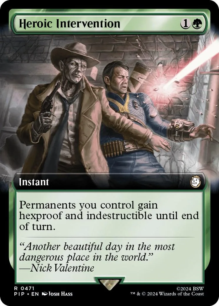 Magic: The Gathering card, Heroic Intervention, featuring two men in dramatic lighting.