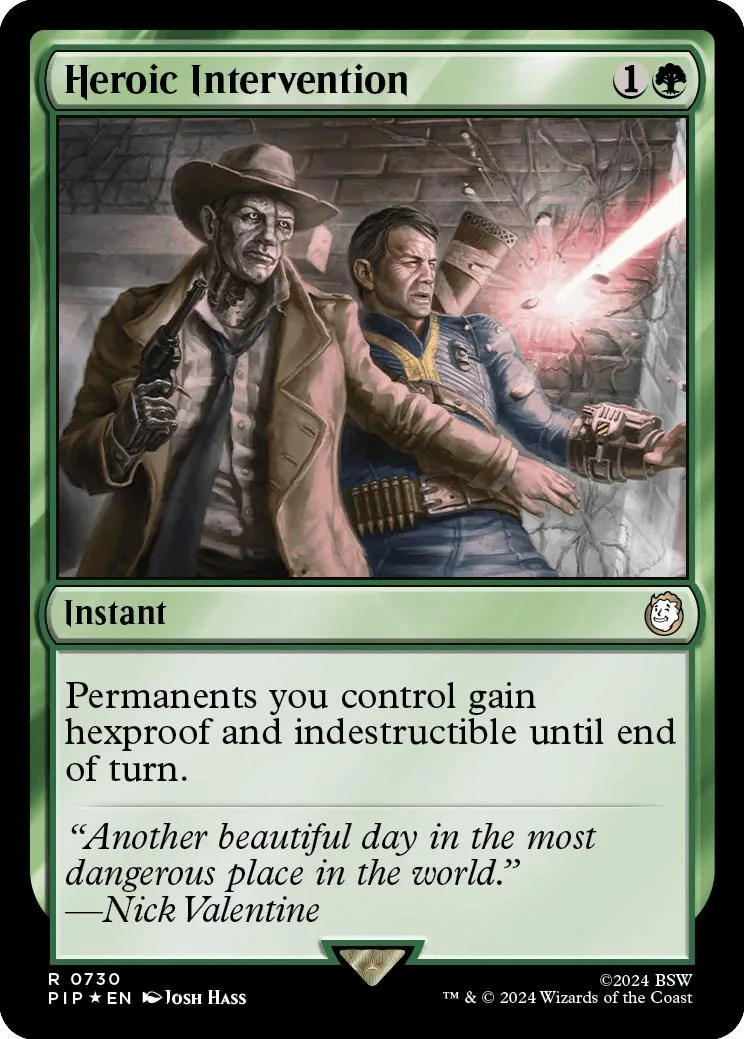 Two men in Western attire against a fiery background on a green card.