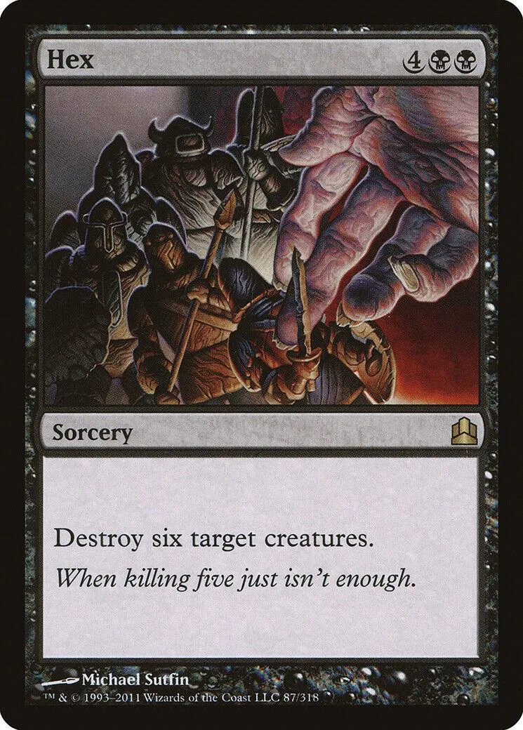 Magic: The Gathering card, Hex, dark fantasy art, black and brown tones.