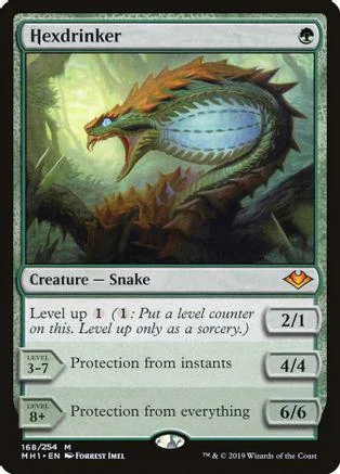 Green and brown dragon creature card, Hexdrinker, with stats 2/1 and 4/4.