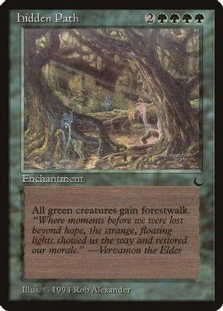 Green forest path enchantment card art, dark green and brown tones.