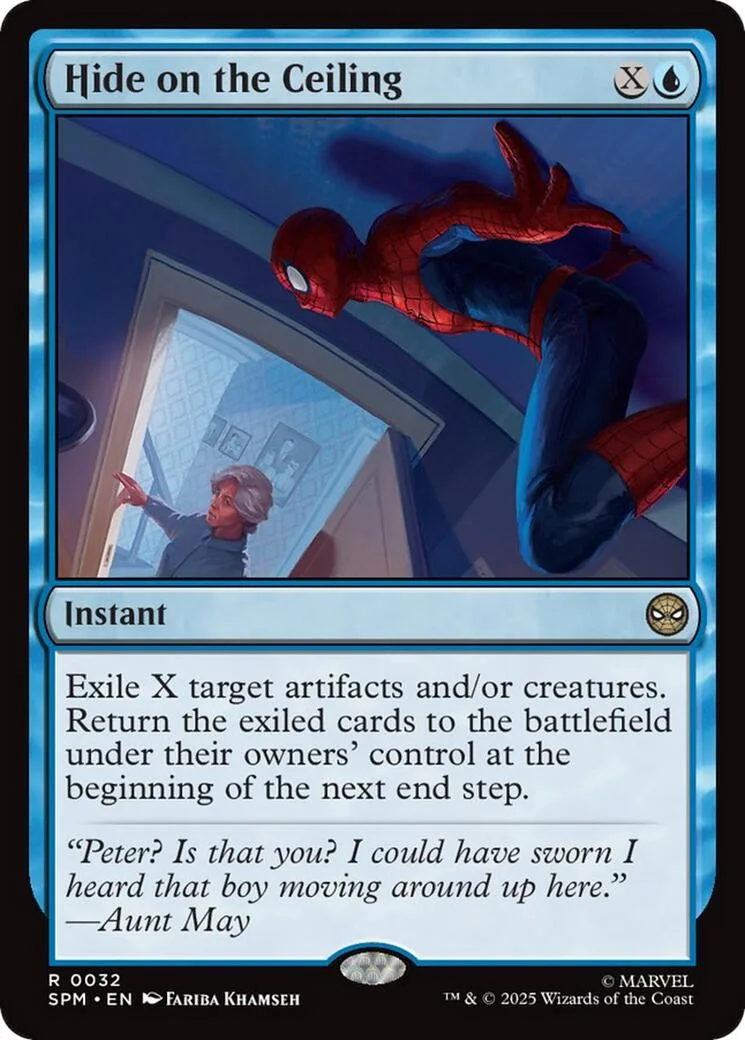 Red and blue superhero character clinging to ceiling inside a room.