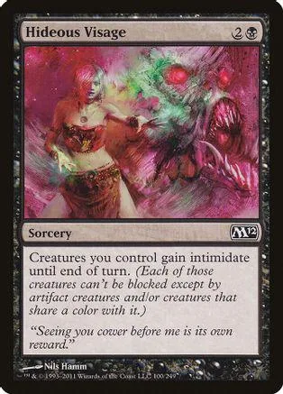 Red and pink fantasy art card featuring a figure and monstrous entity.