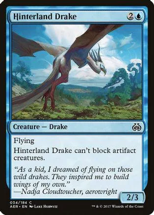Drake creature card art showing a brown dragon flying over a green landscape.