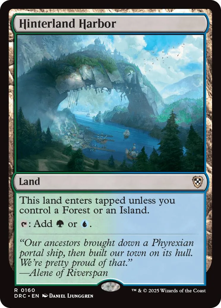 Blue and green landscape art on a Magic: The Gathering land card.