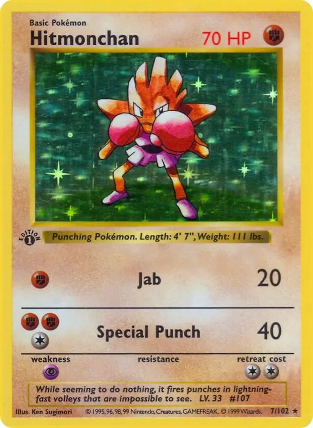 Orange, spiky Pokémon card featuring Hitmonchan against a green, starry background.