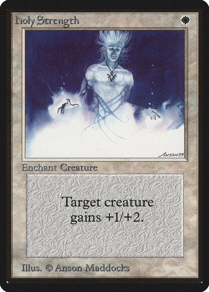 White-haired figure on dark background, "Holy Strength" Magic: The Gathering card.