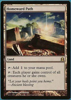 Magic: The Gathering card, "Homeward Path," depicting a desolate, sunlit landscape.