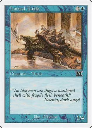 Card art depicts a horned turtle in a forest setting. Blue and white border.