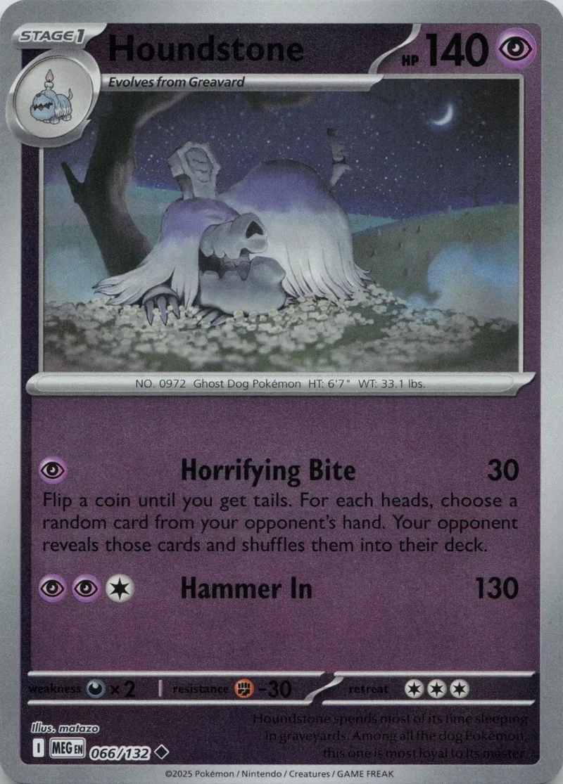 Ghost Dog Pokémon card, purple and white creature, holographic art.
