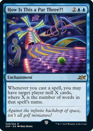 Blue and purple fantasy golf card with windmill and green ball.