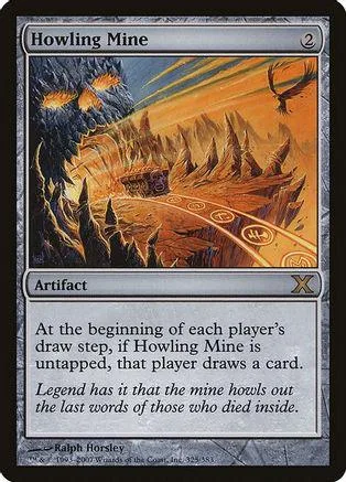 Magic: The Gathering card, Howling Mine, showing a fiery, mountainous landscape.