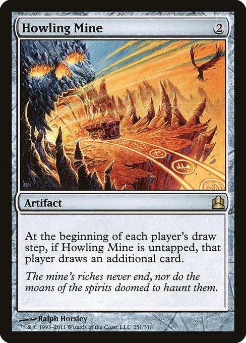 Dark, fiery landscape art on a Magic: The Gathering card titled "Howling Mine.