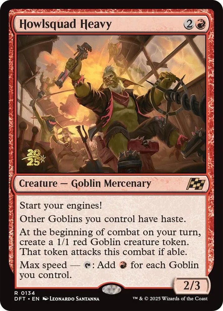 Goblin mercenary card art: green goblin leader with allies in a dark setting.