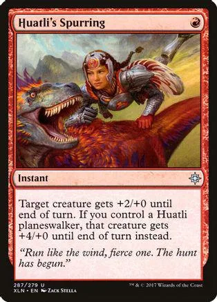 Dragon and warrior on a red-brown beast. Card art for "Huatli's Spurring.