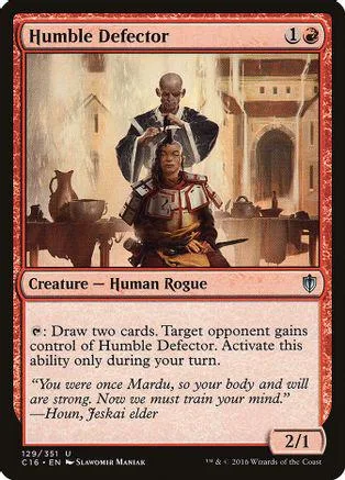 Card art shows a man in armor in an ancient-style setting. Humble Defector.
